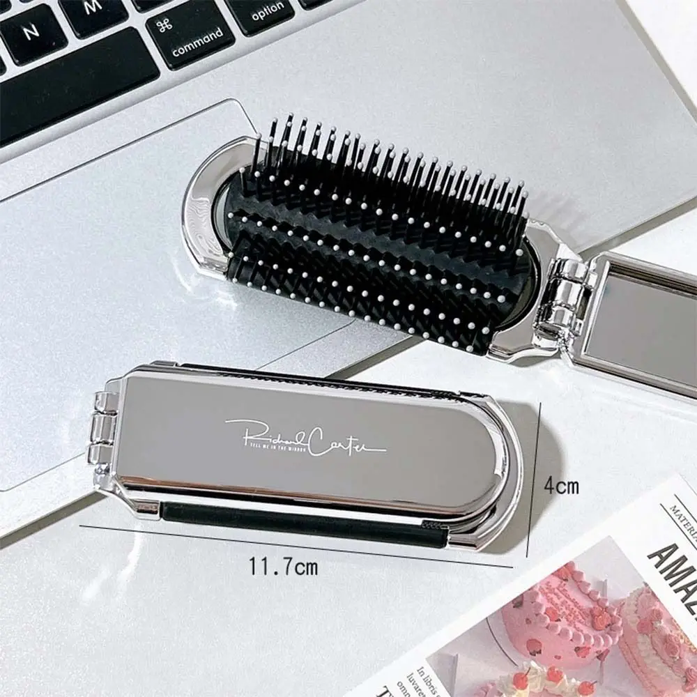 Mini 2 in 1 Comb Mirror Set Square Bowknot Scalp Massage Comb with Mirror Anti Static Silver Air Cushion Combs Travel