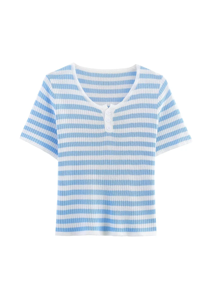 

Европейская и американская женская одежда, полосатый пуловер с тремя пуговицами и круглым вырезом, тонкий вязаный пуловер, футболка с короткими рукавами, тонкий топ