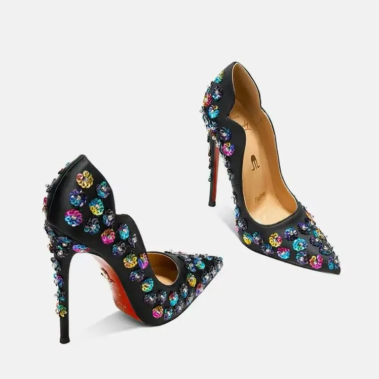 Colorful Rhinestone Pointed Stiletto Single Shoes  Red Sole High Heels Women Shoes Black Sexy Queen's Heel 10-12cm Pointed Shoes