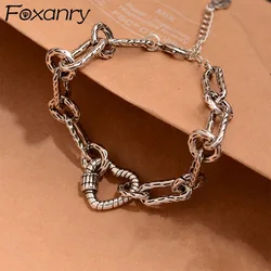 Foxanry Silver Color Thick Chain Love Heart Bracelet For Women Couples Trendy Simple Vintage Elegant Birthday Jewelry Gifts