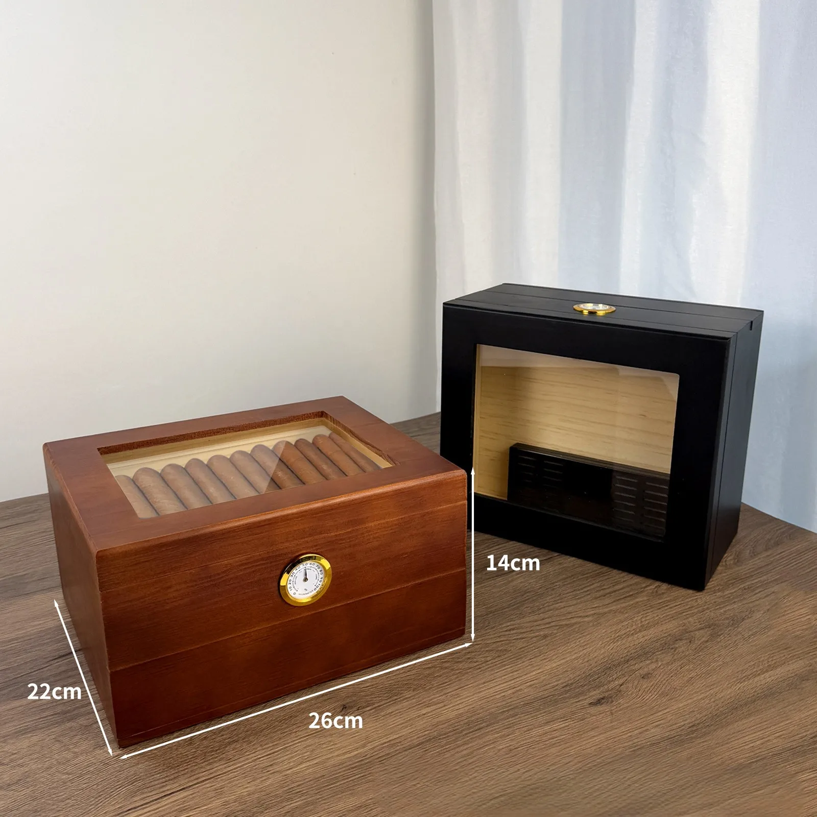 مرطب سيجار خشبي قابل للطي مع مقياس رطوبة، صندوق تخزين مكتبي مكون من طبقتين، خيارات ألوان باللون الأسود والبني #3
