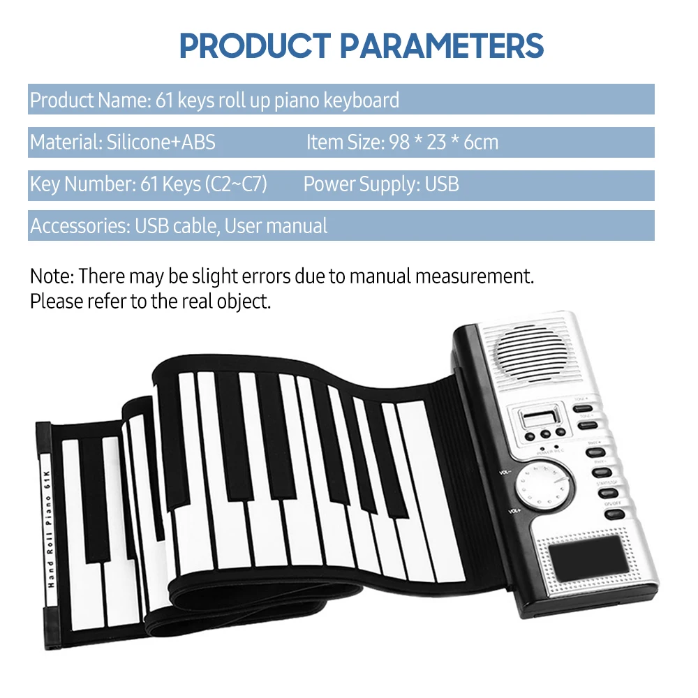 61 Keys Roll Up Piano Keyboard Portable Soft Silicone Electronic Piano with Built-in Speaker LCD Display Recording MIDI Function