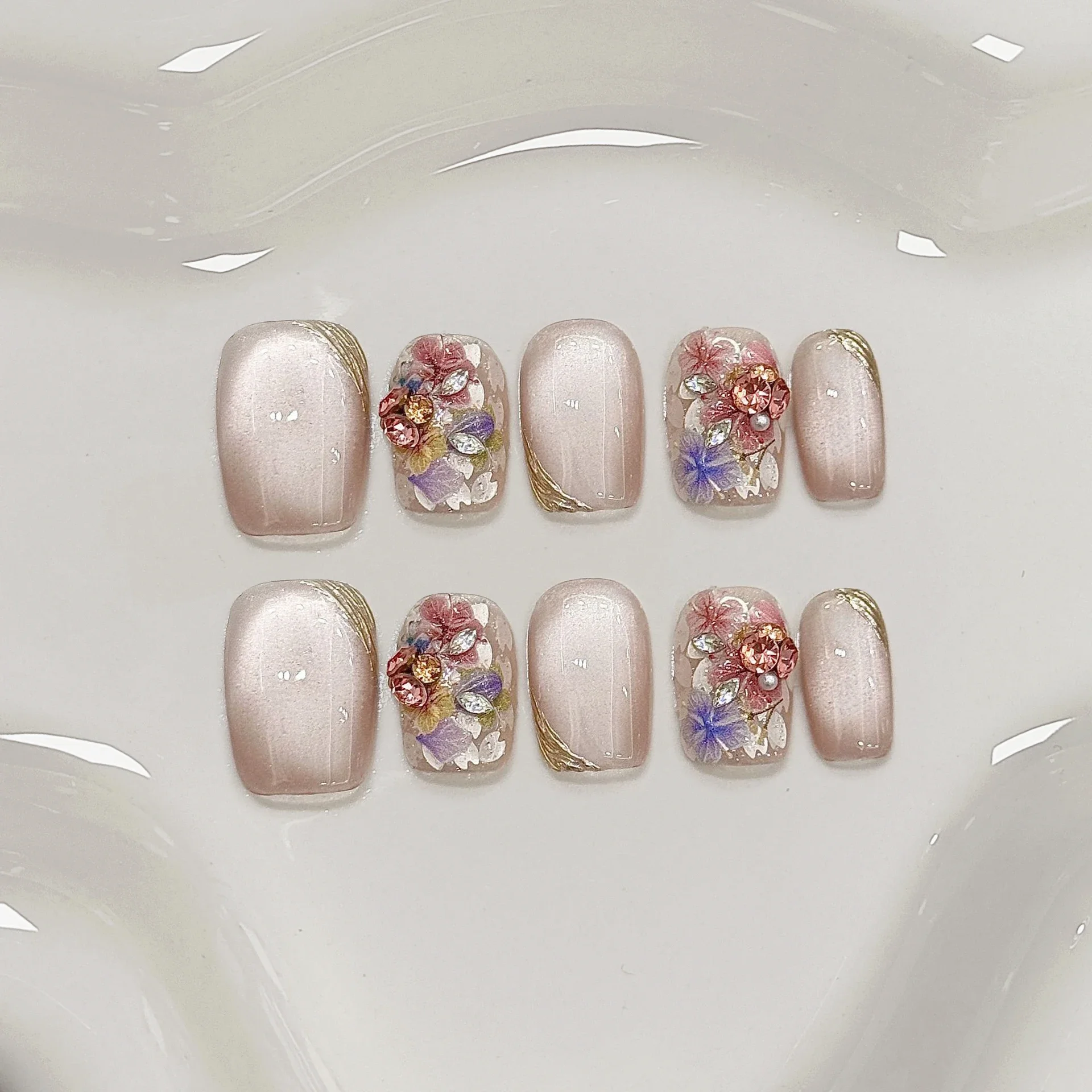 10 個ショートバレエプレス手作り爪フルカバー光沢のあるキャットアイ完成爪セット着用ファッション夏のラインストーン爪