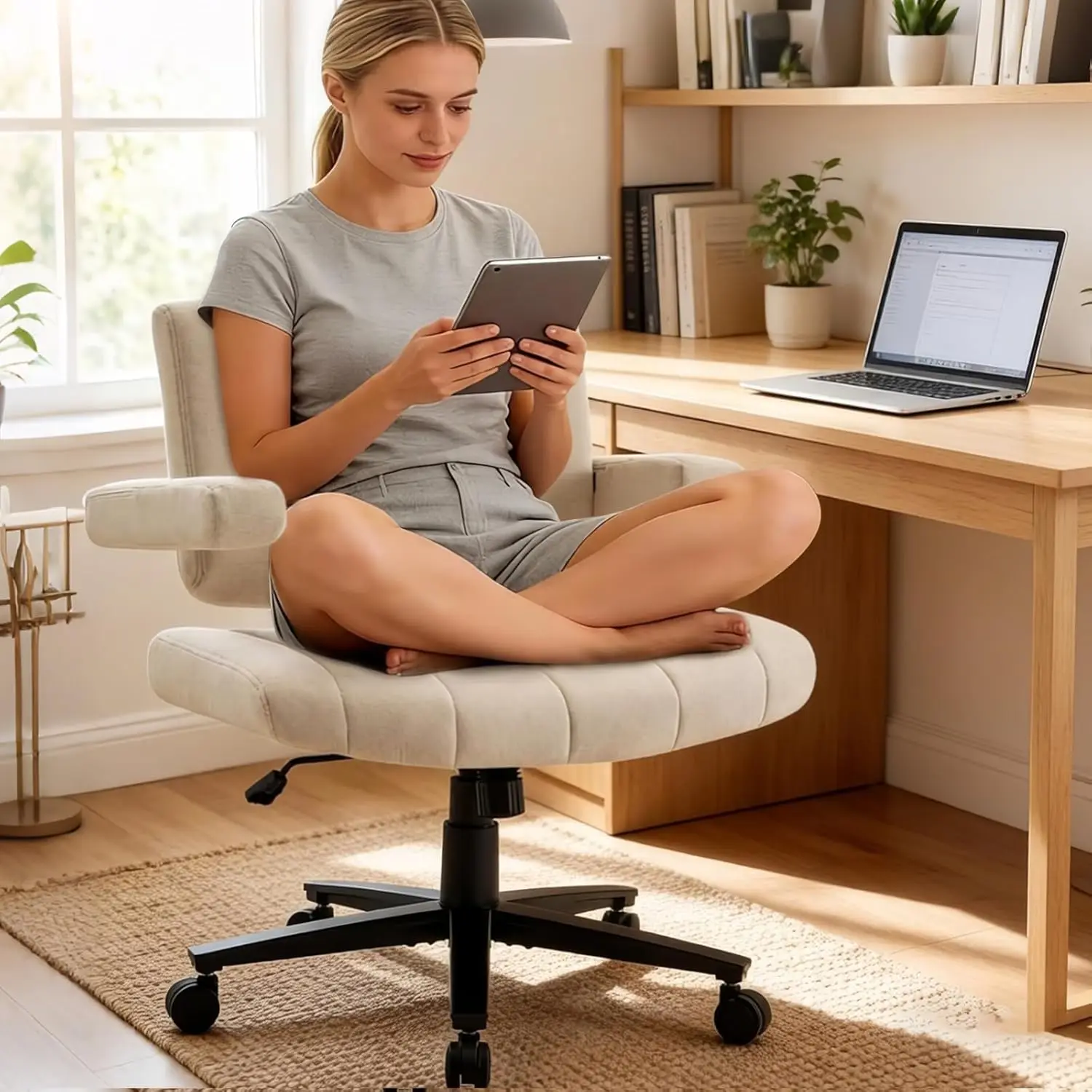 Criss Cross Office Chair, Plush Oversized for Cross-Legged Sitting, Adjustable Arms & 360° Swivel Casters - for Home Office, Study, Gaming, Vanity, Comfortable Computer Chair(White)