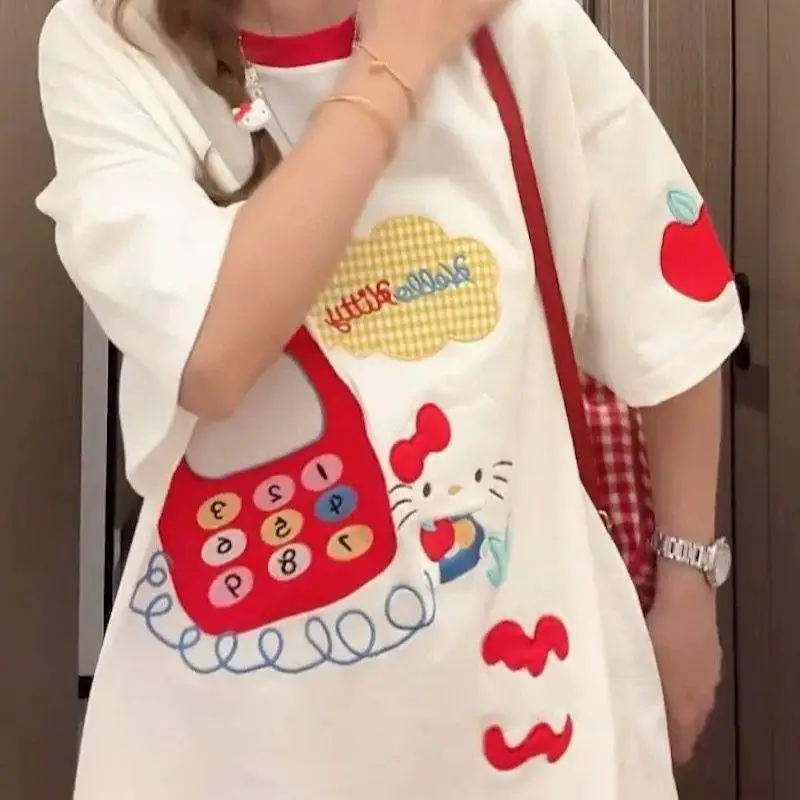 مرحبا كيتي طالب الكرتون تي شيرت سانريو الفتيات القطن قصير الأكمام Kawaii موضة الترفيه ملابس الصيف الناعمة دوبامين جديد