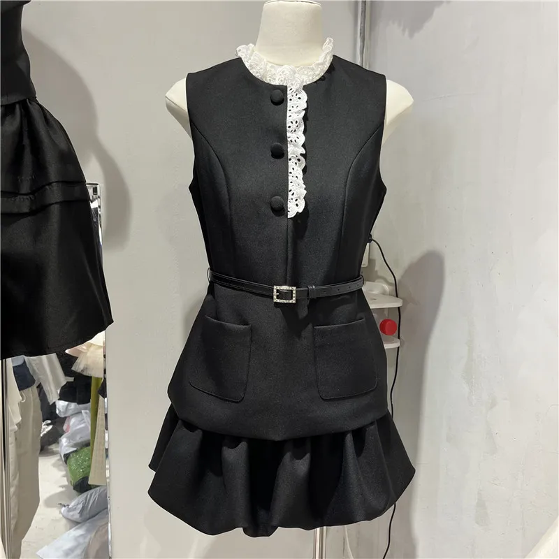 

Fashionable Lace Sleeveless Set High Waist Puffy Skirt Short Anti-Light Summer New Arrival Women's Elegant Style Casual Wear