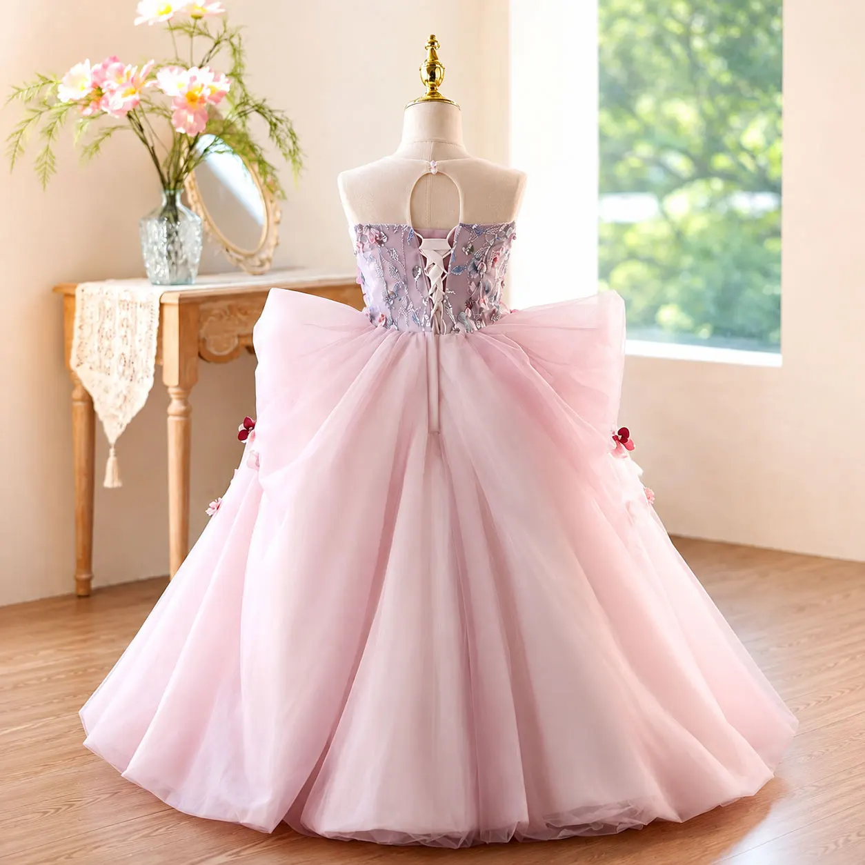 Dreamy Vow D369 Dusty Pink Flower Girl Gown 3D Floral Beaded Bodice Oversized Bow Tulle Ball Gown Wedding