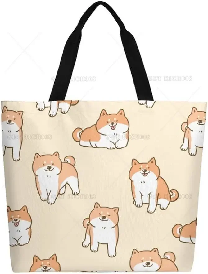 Grand sac fourre-tout en toile réutilisable pour femme, chien mignon Shiba Inu, sac à main initié décontracté, plage, shopping, sac d'épicerie pour l'extérieur