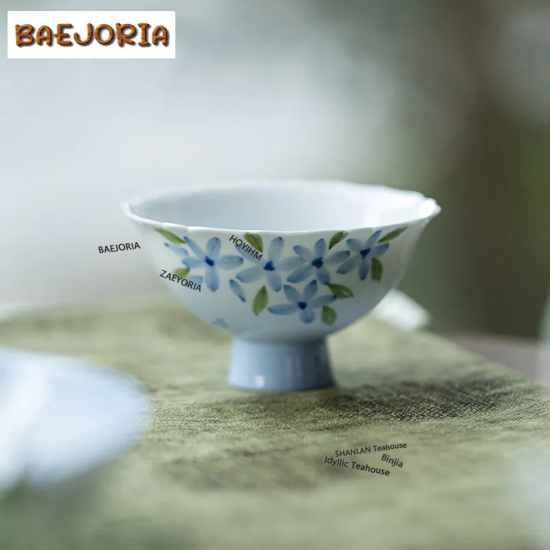 BAEJORIA 70ml Hand-painted Blue Flower White Porcelain High Foot Teacup Elegant Tea Bowl Mug Smelling Cup Jianzhan Master Cups