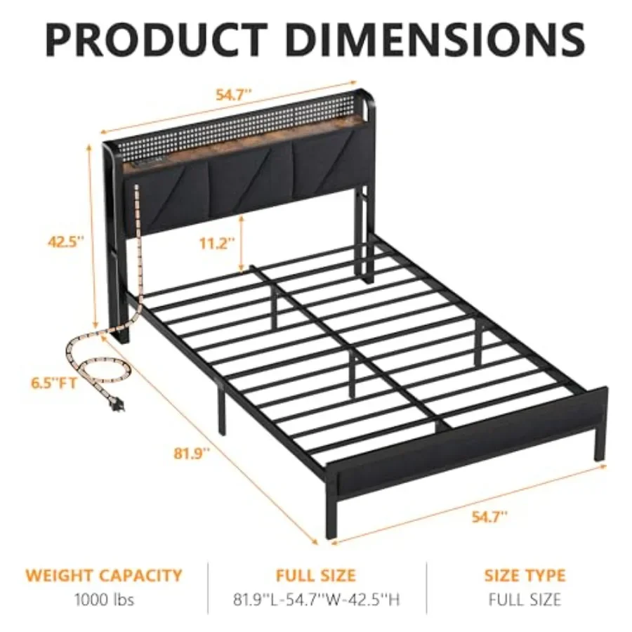 Size Bed Frame with Storage Shelf and Upholstered Headboard for Bedroom, Fabric, Gray, Space-Saving Design with Soft-Touch Upho