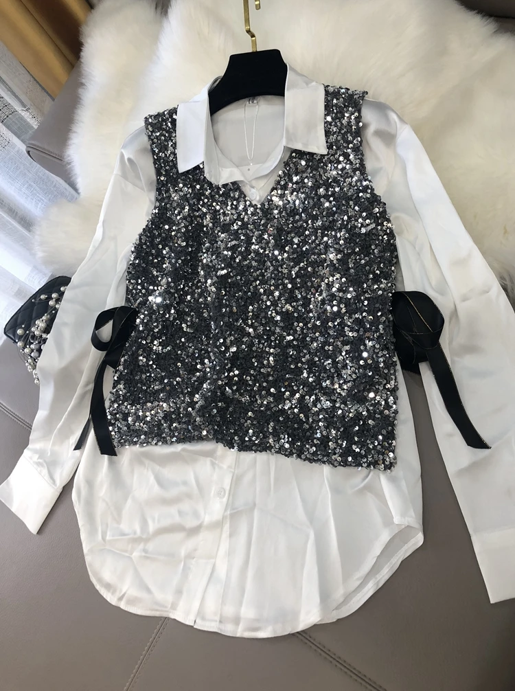 Imagem -02 - Colete de Lantejoulas Solto sem Mangas Feminino Vermelho Líquido Top Glitter Camisa da Moda com Fenda Renda Outono e Inverno 2023