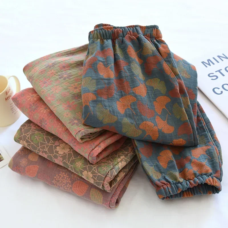 

Новинка 2023 года, весенне-летние женские пижамы из 100% хлопка, креповые брюки, женские удобные свободные домашние брюки с большими листьями, тонкие подошвы