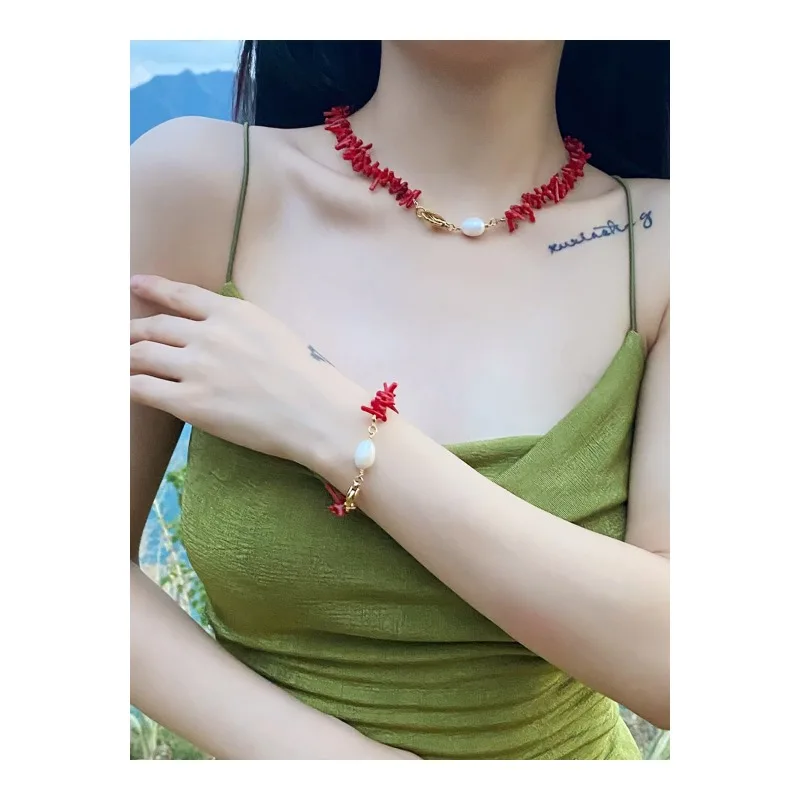 

Irregular Red Coral Necklace Bracelet Earrings Set Freshwater Pearl Clavicle Chain Choker M049