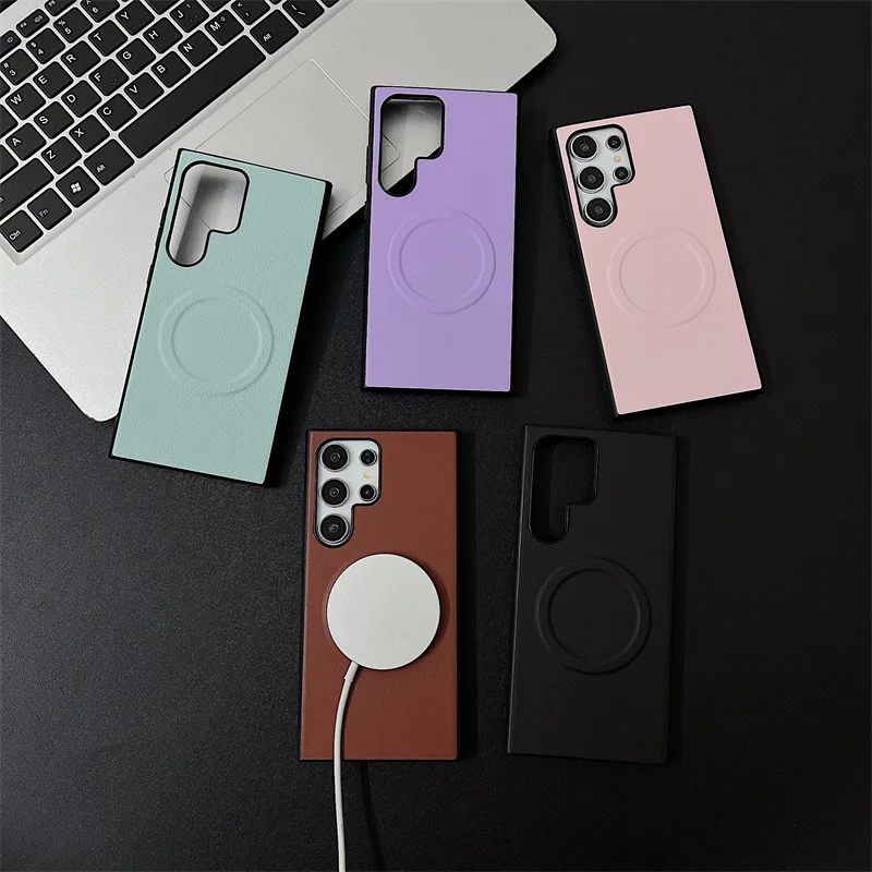 Plain Leather Skin Sensation Magnetic Phone Case For Samsung Note 20 Ultra S22 S23 S24 Anti Slip Solid Color Protective Sleeve