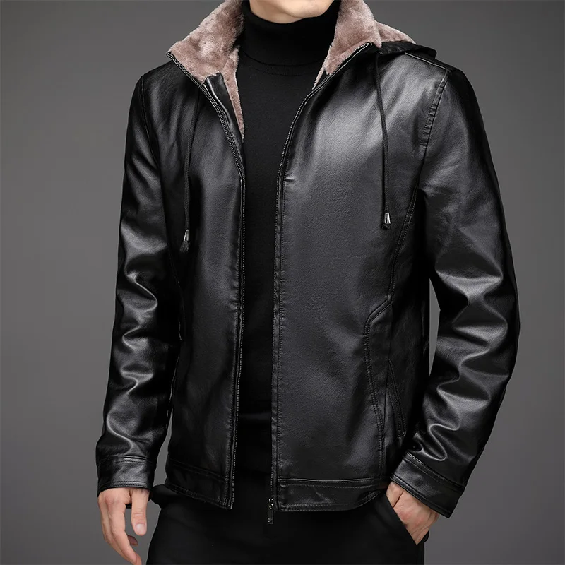 Jacket Men Winter Waterproof Faux Leather Jacket Fur Collar Fit Men Jacket Hooded Outerwear Vintage Fashion High Quality Coat