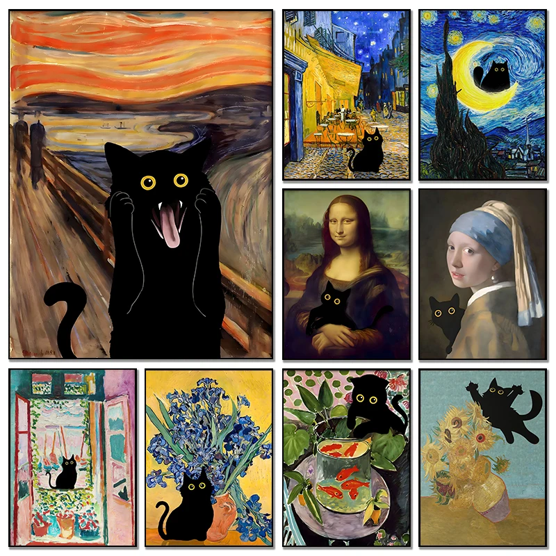 Berühmte Gemälde Mona Lisa Sternennacht mit Lustiger Schwarzer Katze Poster Leinwanddruck Sonnenblumen-Reproduktion Wandkunst Heimdekoration