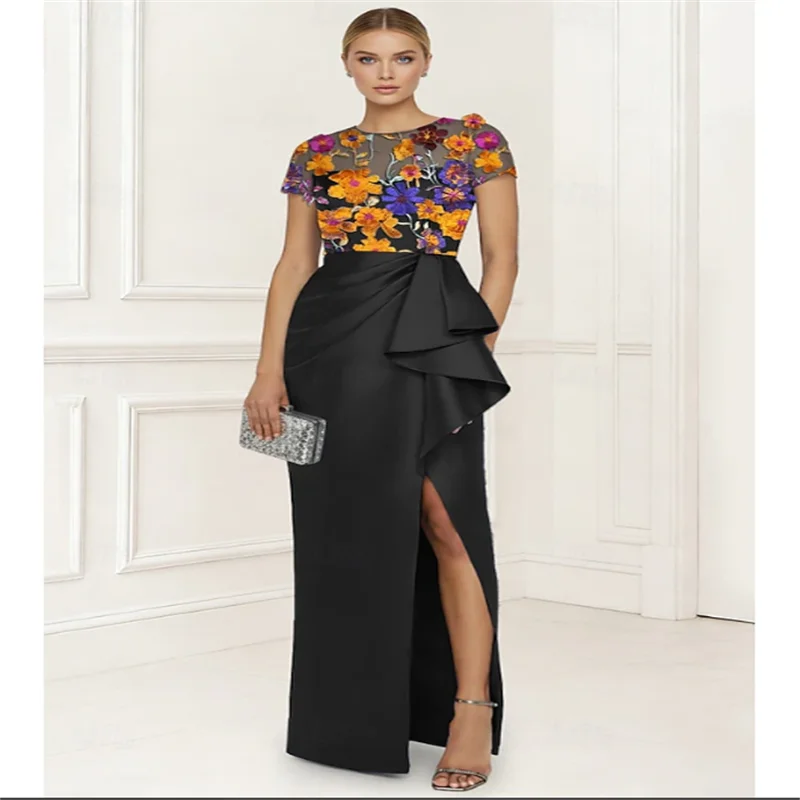 Gaine longueur au sol robes de soirée Cocktail robe noire élégante soyeuse à manches courtes col rond jardin robes de fête de mariage personnalisé