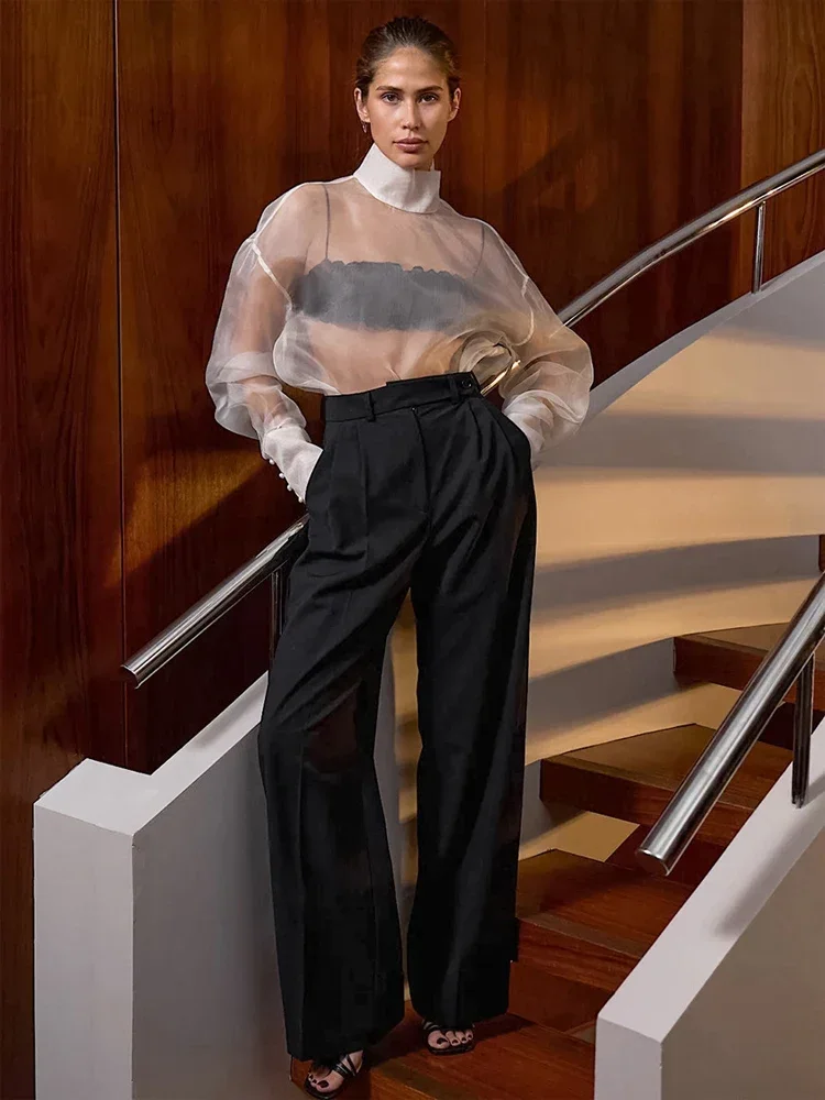 

Новая летняя женская модная прозрачная сетчатая рубашка с высоким воротом и длинными рукавами, однотонная, оверсайз, повседневный топ в уличном стиле 2026