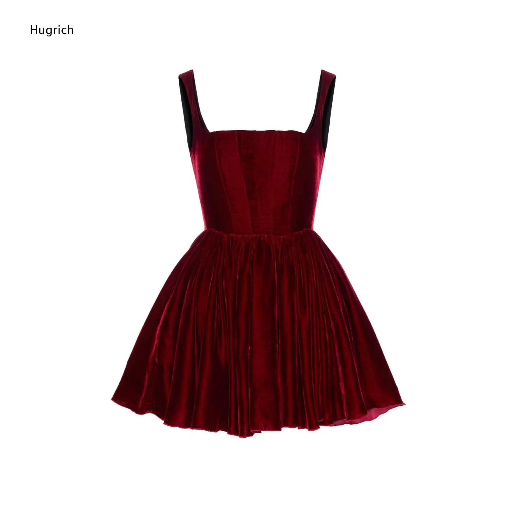 Square Neck Wide Strap Mini Dress Solid Burgundy Velvet Structured Corset Bodice Pleated Swing Hem Women Party Dress