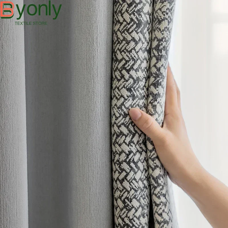 New Customized Grey Black Jacquard Thickened Chenille Patched Curtains for Living Room Bedroom French Window Balcony Window