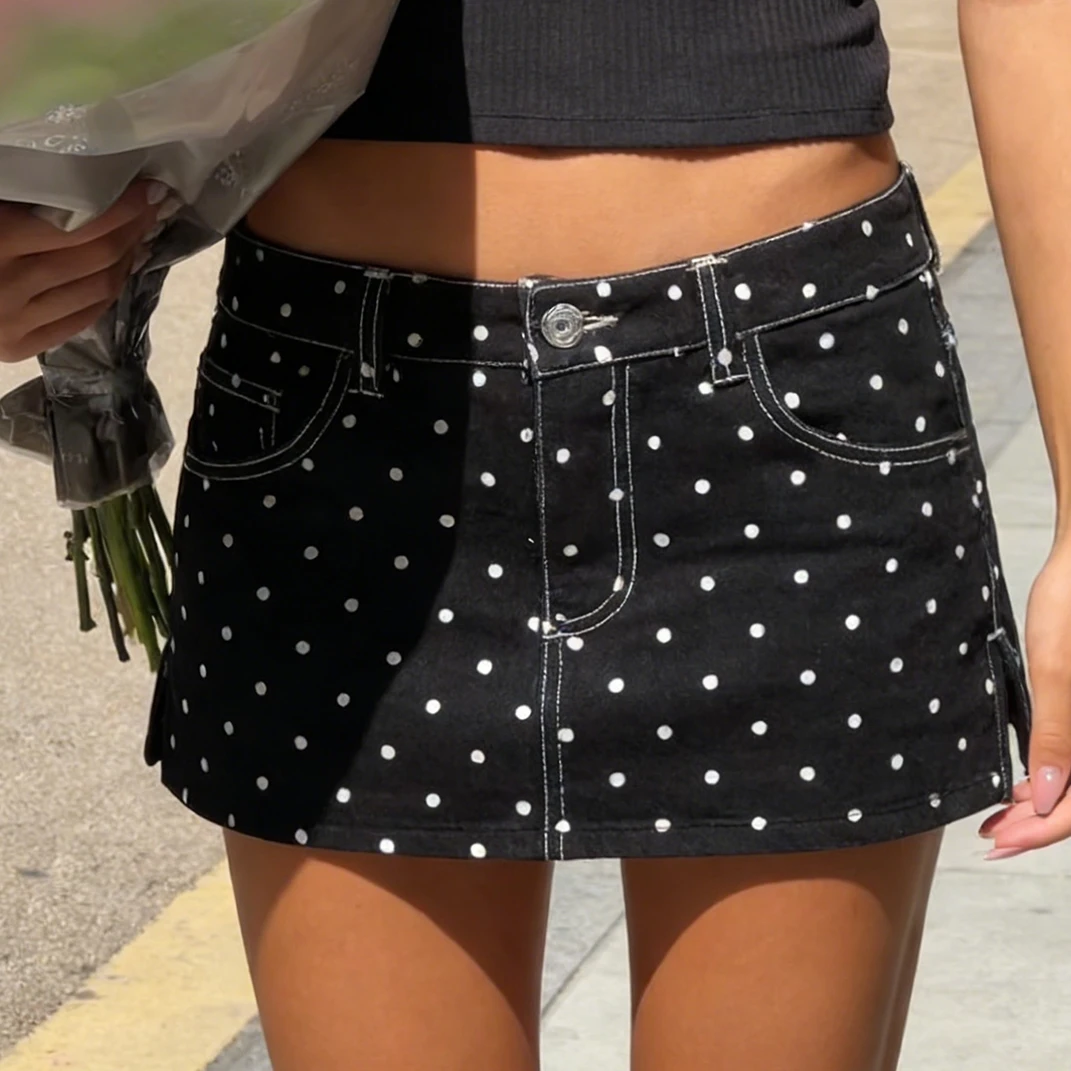 Women's Polka Dot Denim Mini Skirt Low Rise Y2K Style Casual A-Line Skort Summer Streetwear