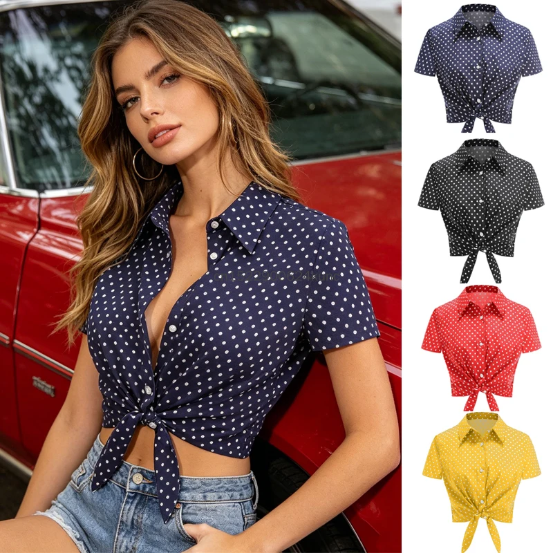 50s 60s Vintage Polka Dot Short Sleeve Crops Tops Summer Single Breasted Casual Cropped Shirt Ladies Slim Bohemian Party Shirts