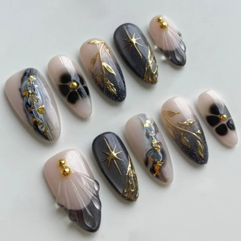 24 Pcs Gold-plated French Shell Pattern Press on Nails Fashion Realistic Nail Art Reusable Self-adhesive Fake Nails Wholesale