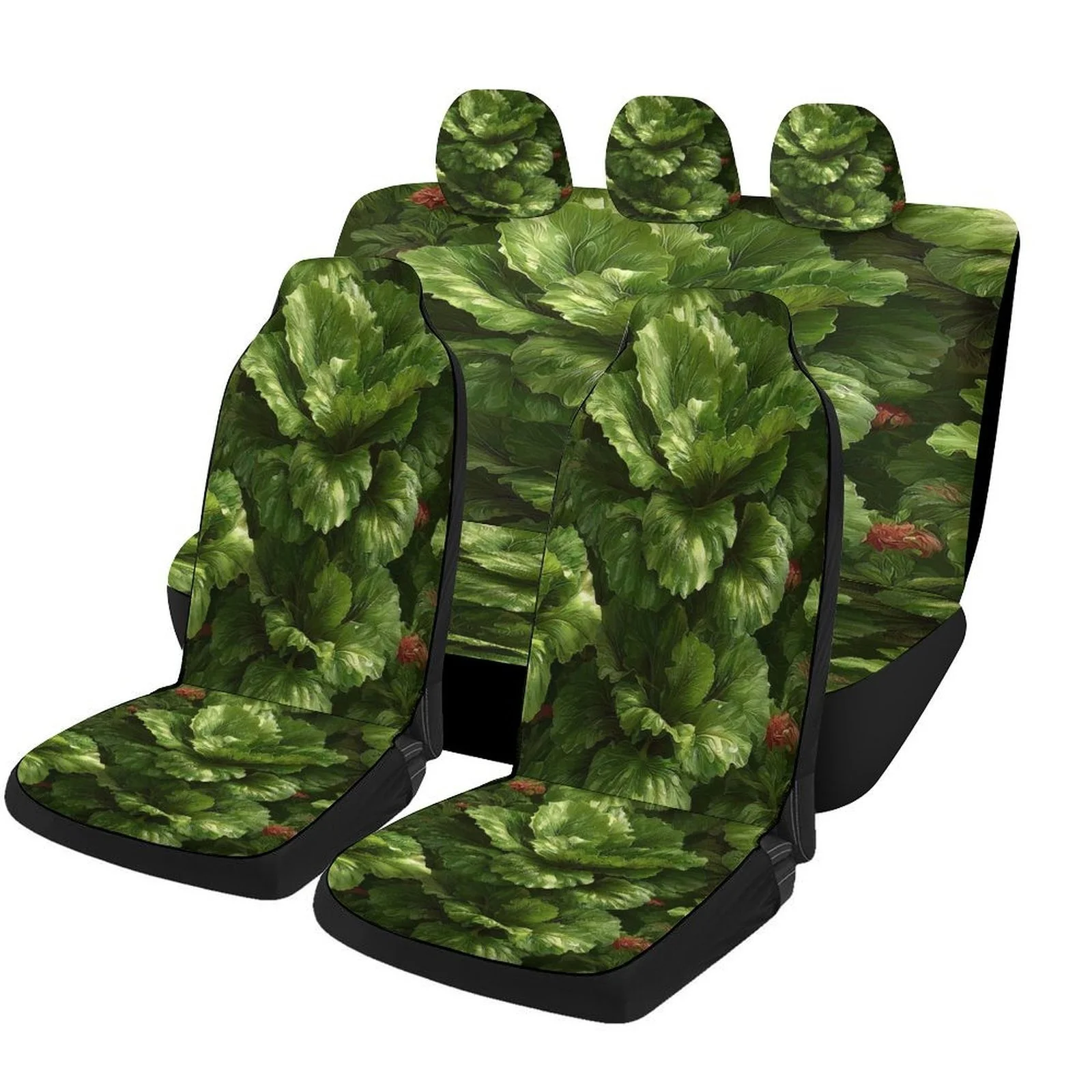 Green Leaf Pattern Themed Car Seat Cover Set For Most Cars, Trendy Novelty Car Seat Protector Covers Full Set, Universal Car Sea