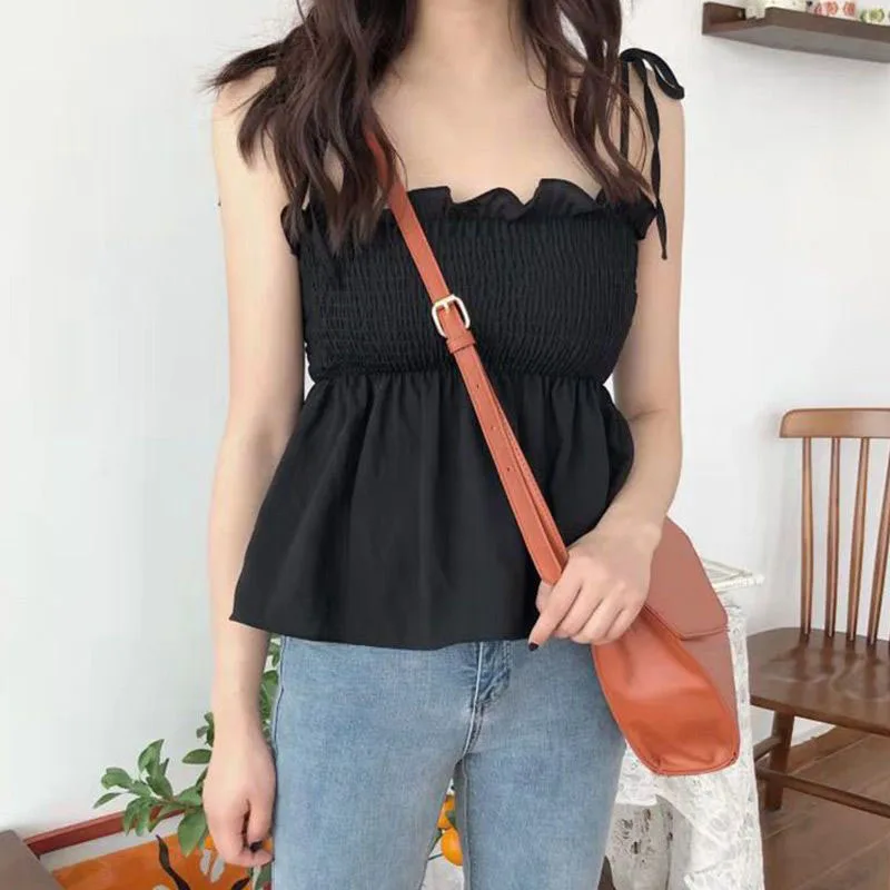 Xpqbb Black White Bow Bandage Tank Top Women Summer Folds Backless Camisole Female Sweet Cute Ruffles Sleeveless Cropped Vest