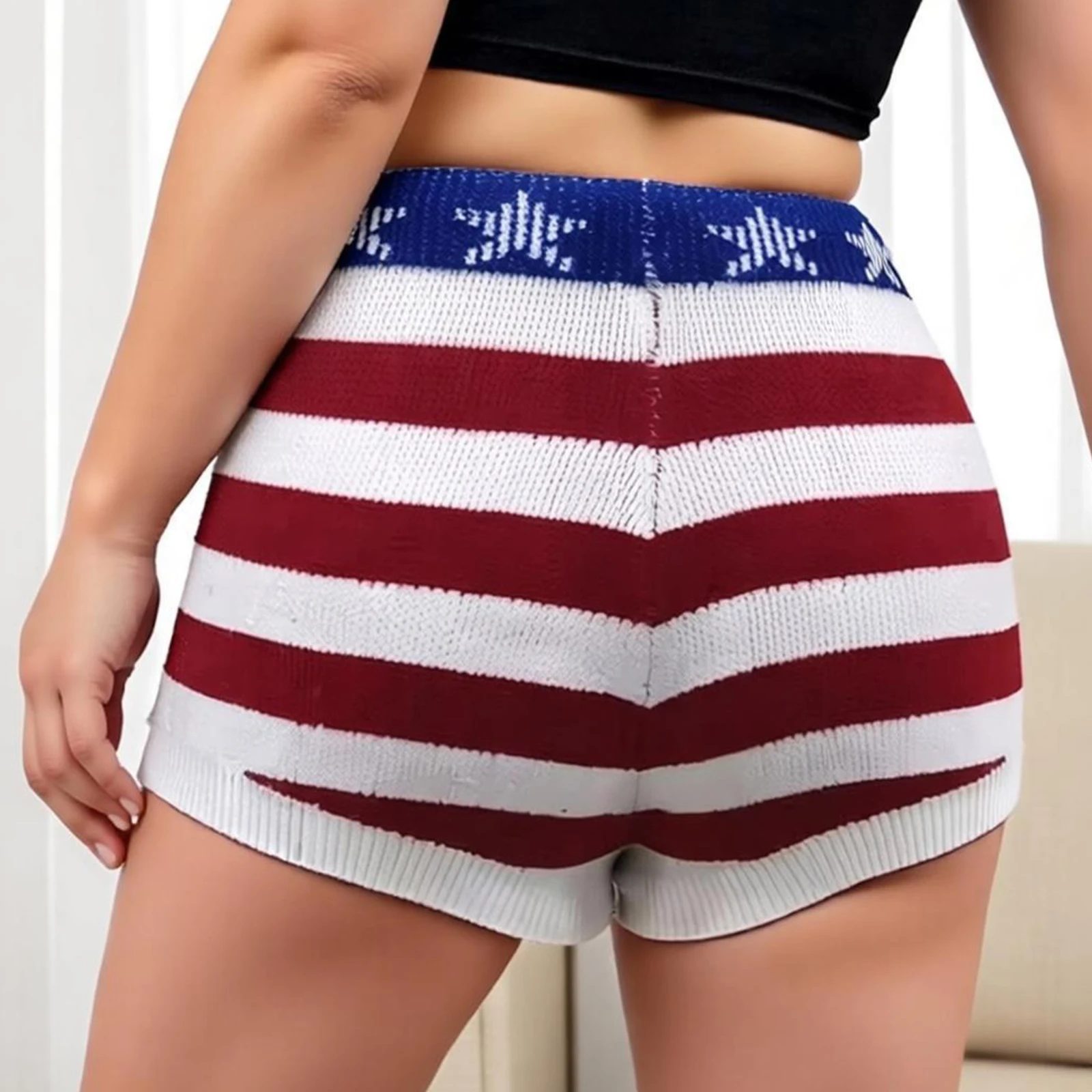 2026 Summer Women’s Knit Micro Shorts Casual Elastic Waist Stars and Stripes Print Slim Fit Skinny Shorts Streetwear Shorts New