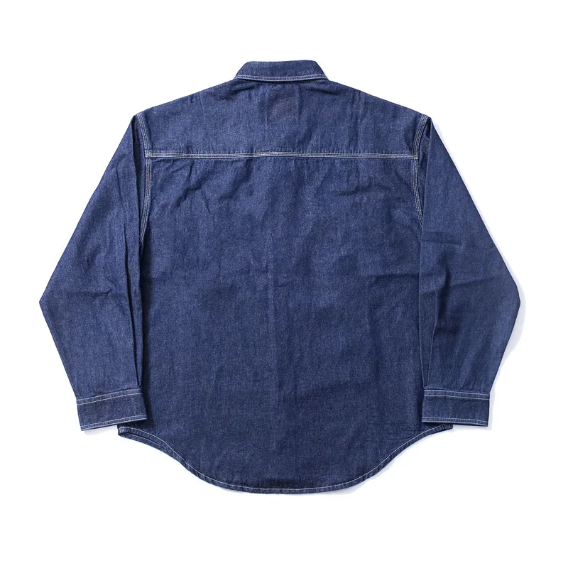 Double Pockets Madness Mdns Embroidery Patch Label Denim Shirts Men Women Blue Loose Casual V-shape Shirts Blouse Japanese