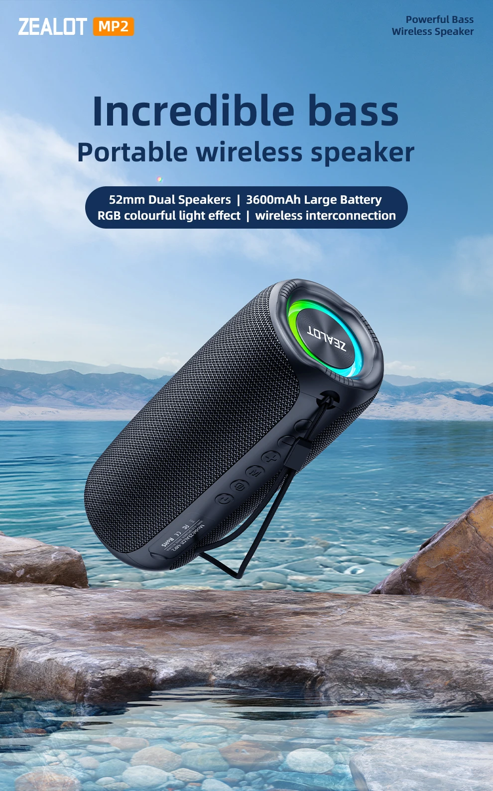 Zealot-MP2 Bluetooth-Lautsprecher, ultra-portabel, bis zu 15 Stunden Spielzeit, IP65 wasserdicht und staubdicht, kraftvoller Klang für den Außenbereich. – Detail 2