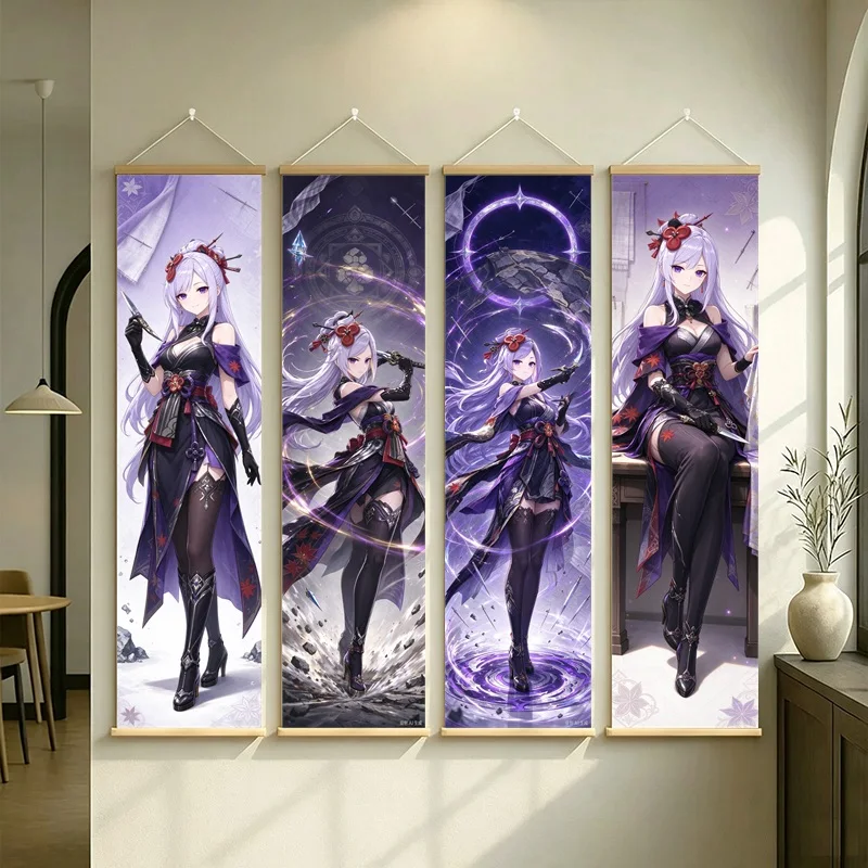 Hanging Scroll Wall Art of Genshin Impact Chiori in a Violet Fantasy Outfit on Silver Shimmer Canvas for an Anime Bedroom