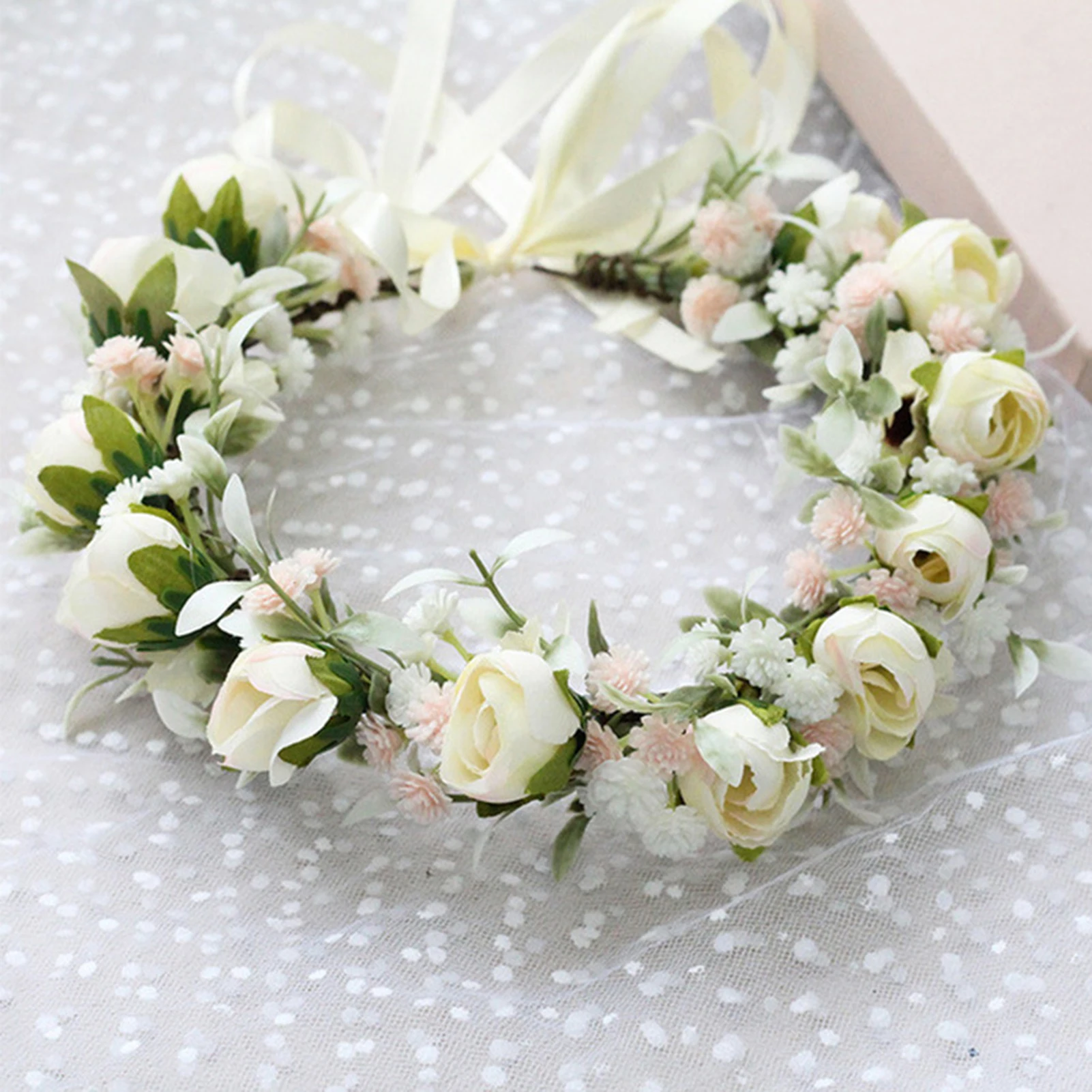 

Handmade Rose Flower Crown Hairband Adjustable Ribbon For Wedding Party Festival Girls Women Trendy Hair Accessories