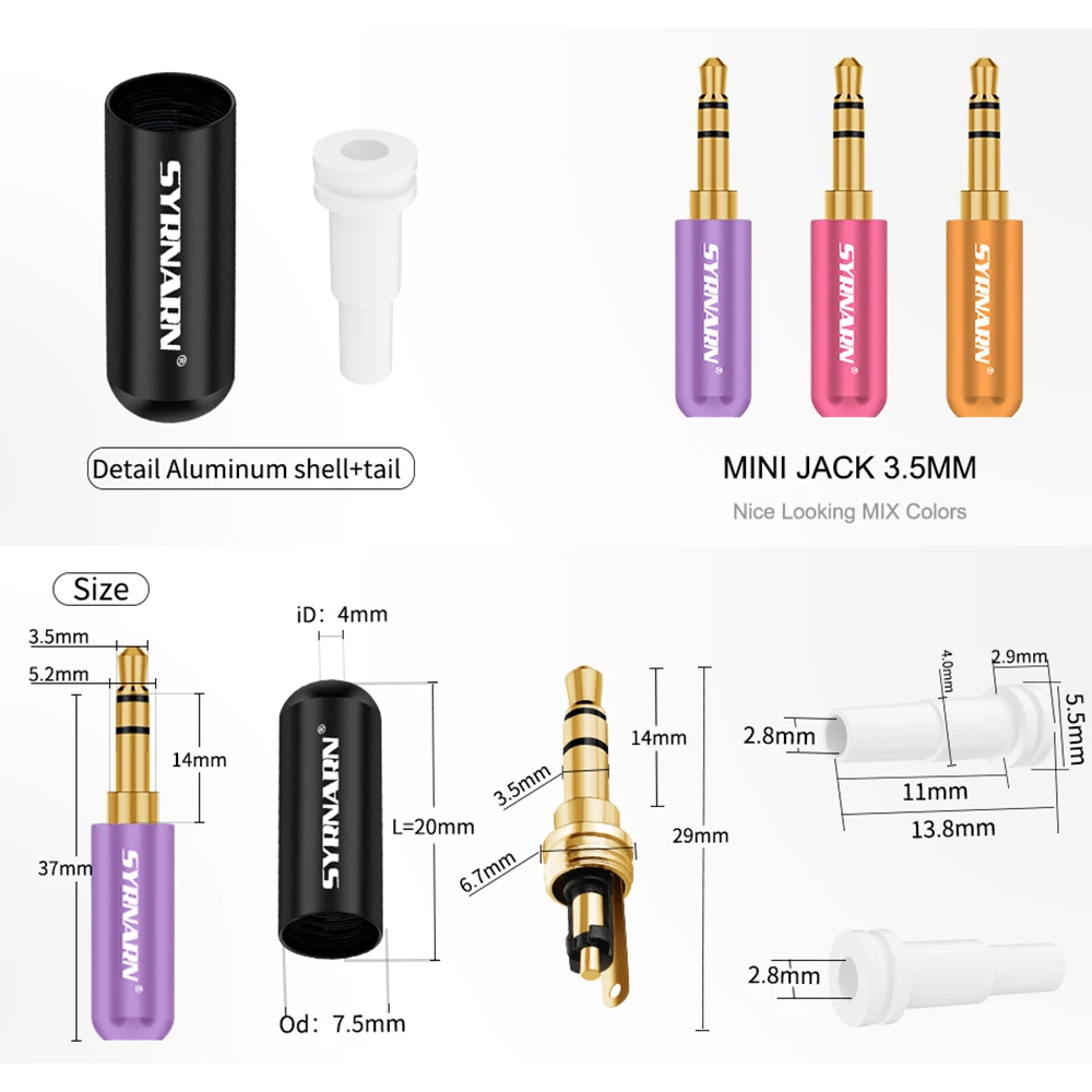 SYRNARN Replacement Jack 3.5 Plug 3.5mm 3 Pole Stereo Male Solder Type DIY Audio Gold Plated Connector for Earphone Cable Repair