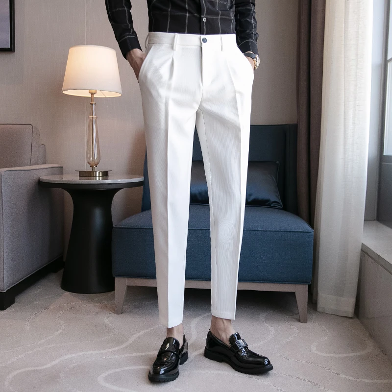 2023 New Mens Slim Fit Business Dress Pants for Men Suit Pants Ankle Length Men Summer Formal Suit Trousers Black White Gray