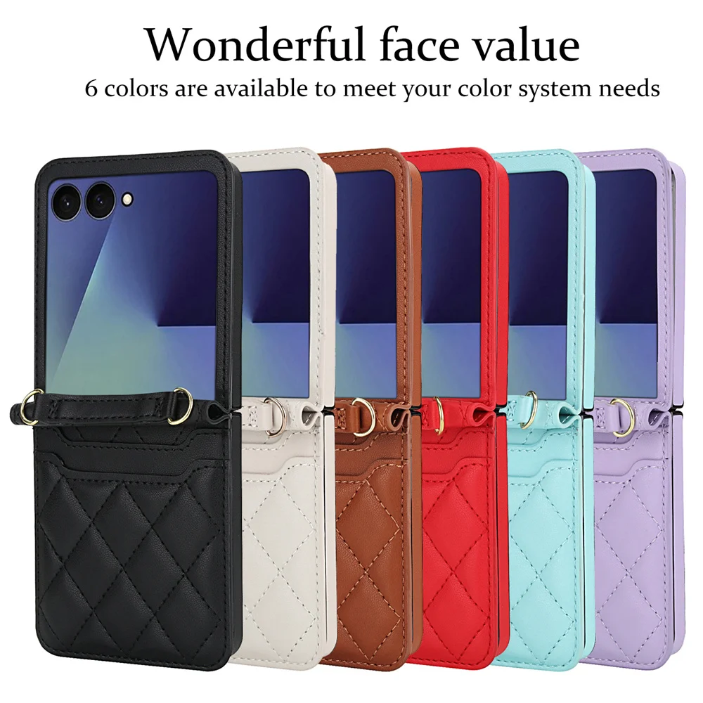 

Роскошный регулируемый кожаный чехол для телефона Samsung для Galaxy Z Flip 6 5 4 3, противоударный сетчатый чехол для карты, задний ремешок