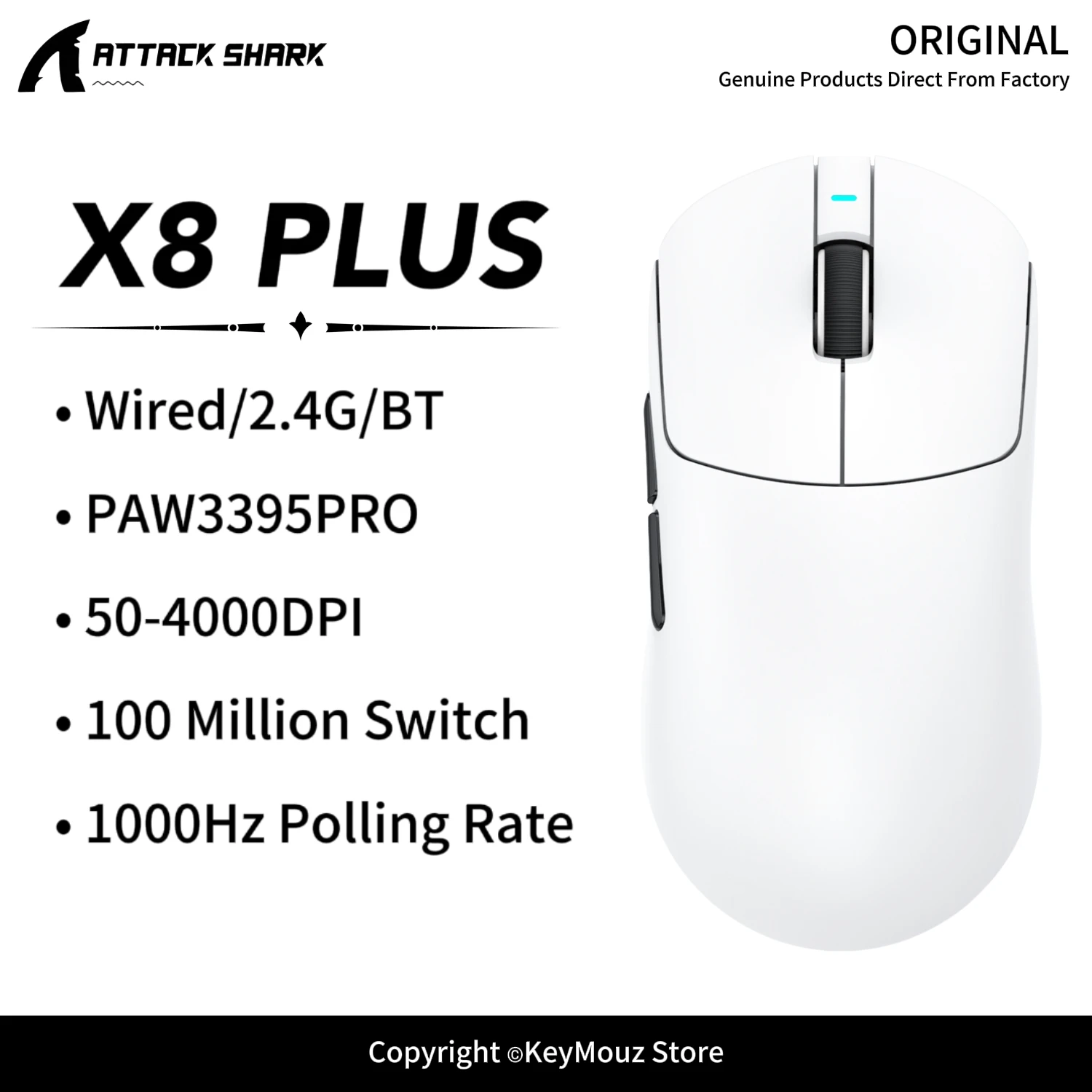ATTACK SHARK X8 PLUS Gaming Mouse Wireless Tri-Mode PAW3395 PRO 40K DPI 1000Hz Polling Rate HUANO Switch for Esports FPS Gamers