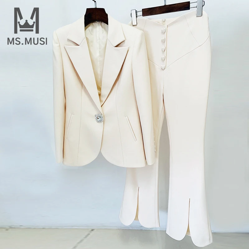 

MSMUSI 2023 New Fashion Women Office Lady Two Piece Set Turn Down Collar Crystal Button Blazer Slit Flare Long Pant Set Suit