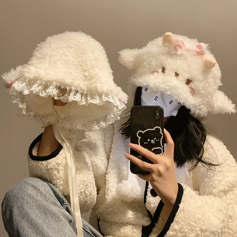 

Japanese Cute Soft Glutinous Girl Pink Lamb Ears Ushanka Children's Autumn and Winter Photography Plush Toe Cap Earmuffs Hat