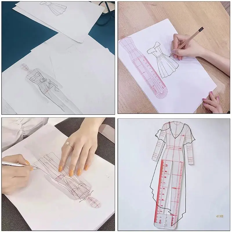 41XB 4 pezzi manichino modello da cucito righello illustrazione schizzo righello per sartoria progettazione disegno