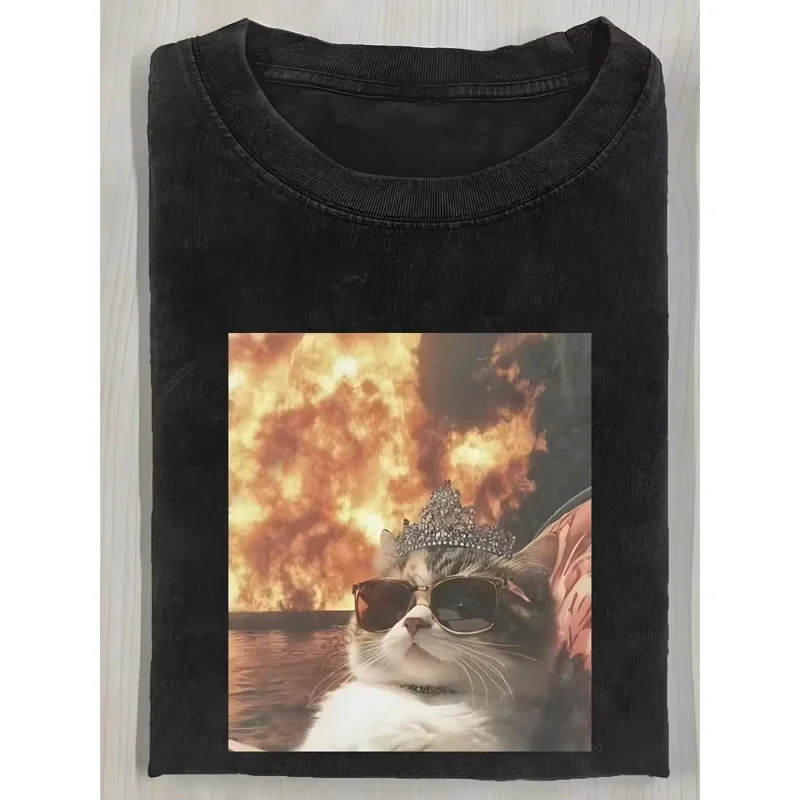 Hip-Hop-Gang-Katzen-Grafik-T-Shirt, Vintage, locker geschnitten, Oversize, kurzärmelig, lässiges Streetwear-Oberteil, Unisex, lustiger Haustier-Tierdruck. – Detail 4