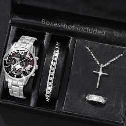 4PCS/Set Fashion Men's Stainless Steel Band Watch Casual Calendar Quartz Watch Jewelry Set