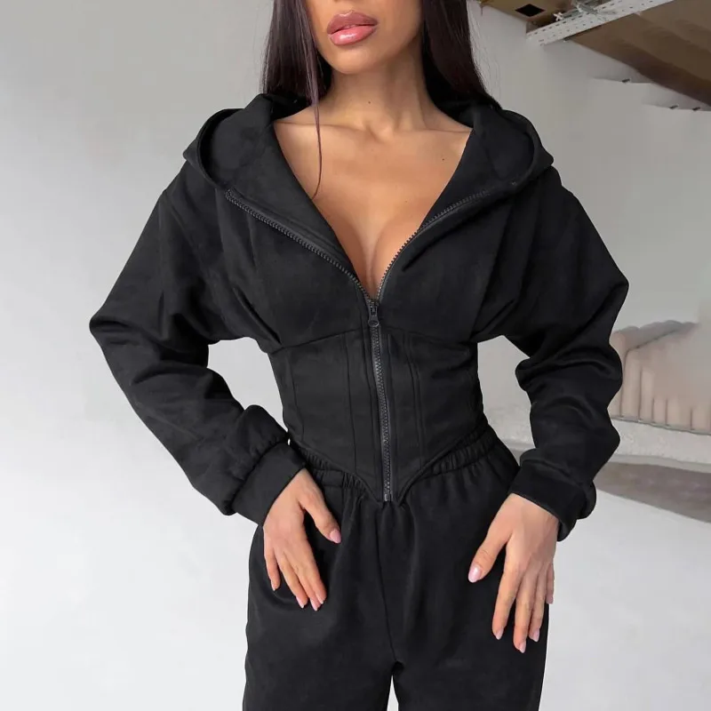 Spring and Autumn women's casual plain color short sleeved hooded cardigan jacket with sports ties, women's slim fit hoodie jack
