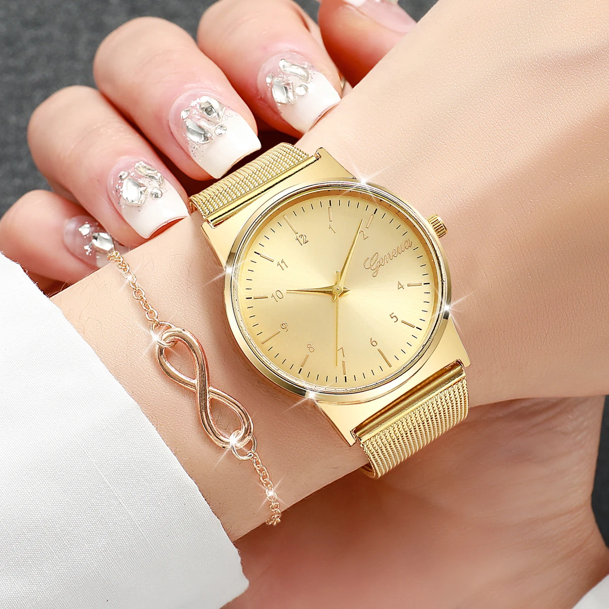 2PCS/Set Fashion Mesh Band Women Watches Set Simple Arabic Dial Ladies Quartz Wristwatch Bracelet Set Reloj Mujer（Without Box）