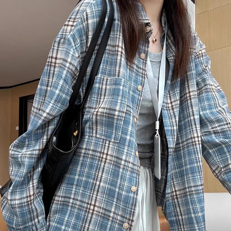

Spring Autumn Korean Plaid Shirt Women 2025 Vintage Single Breasted Turn-Down Collar Blouse Woman Chic Long Sleeve Shirts Coat