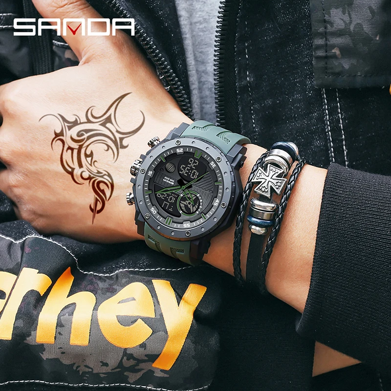 Sanda relógio de quartzo men exército verde 50m pulseira silicone à prova dwaterproof água esportes relógios luminosa display digital relogio