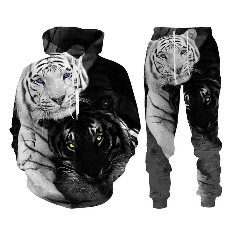 Setelan Hoodie pria, baju latihan motif hewan harimau 3D, baju Pullover lengan panjang, pakaian jalanan kasual ukuran besar musim gugur musim dingin kualitas tinggi