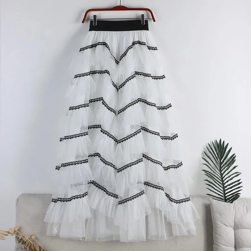 

Women Tutu Cake Skirts Elegant Ruffles Tiered A Line Tulle Long Skirts Female Casual Elastic Waist Mesh Party Skirt Faldas