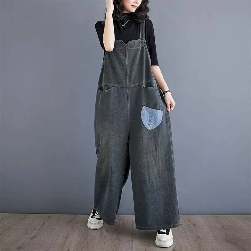 

Denim Jumpsuits for Women Solid Korean Style Harajuku Overalls One Piece Outfit Women Wide Leg Pants Casual Vintage Playsuits